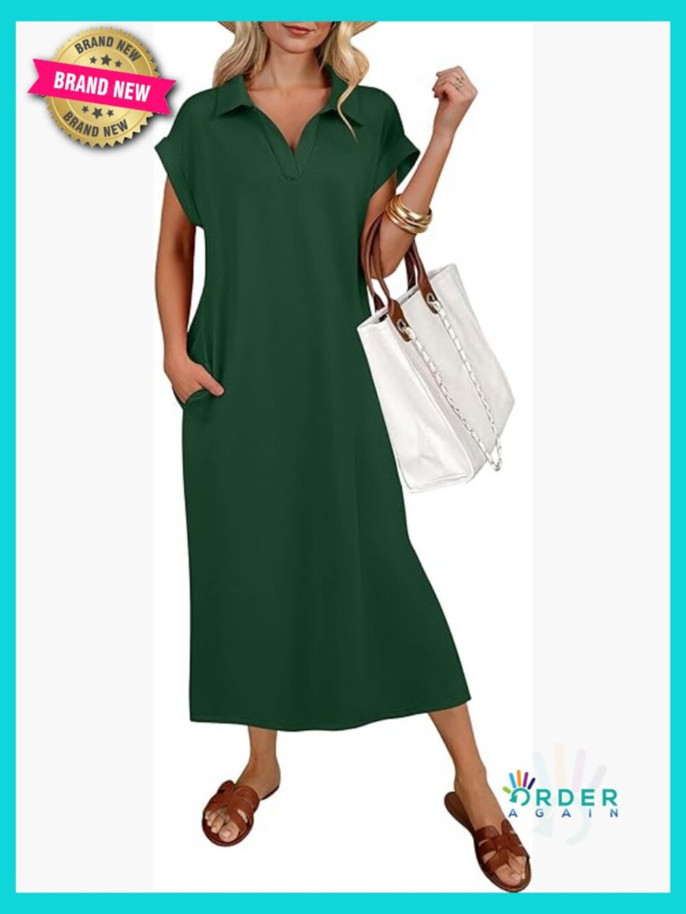 Casual Midi Dress V-Neck Short Sleeve Wrinkle-Free Fabric Loose Fit Summer Wear